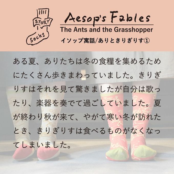 日本女裝代購 - 日本製 伊索寓言印花長襪-螞蟻與蟋蟀-橘紅 (23-25cm)