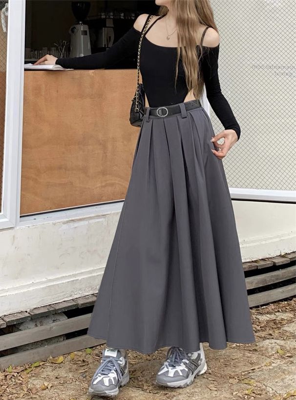 日本 GRL - 修身美型百摺長裙(附腰帶)-深灰 (M)