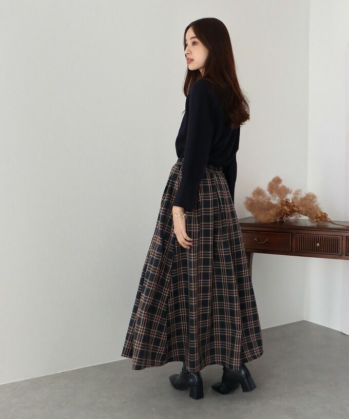 日本 BLUE EAST - 文藝細緻格紋顯瘦長裙-綠黃黑