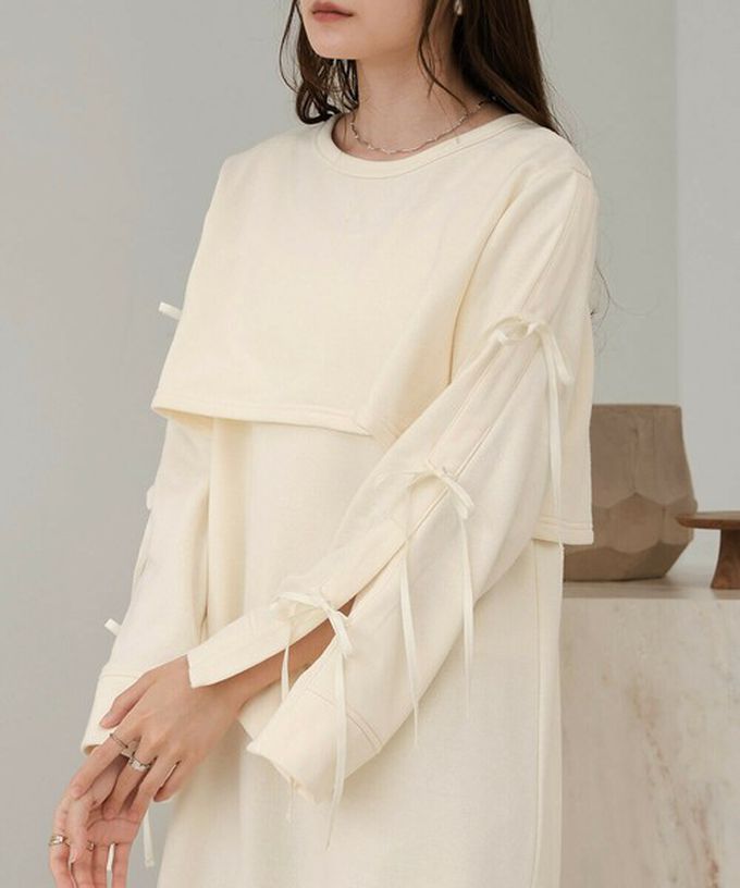 日本 Bab - 袖蝴蝶結層次感喇叭袖洋裝-淺棕 (M)