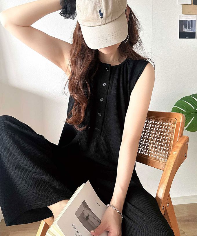 日本 Classical Elf - 亨利領簡約風紋理連身褲-摩卡