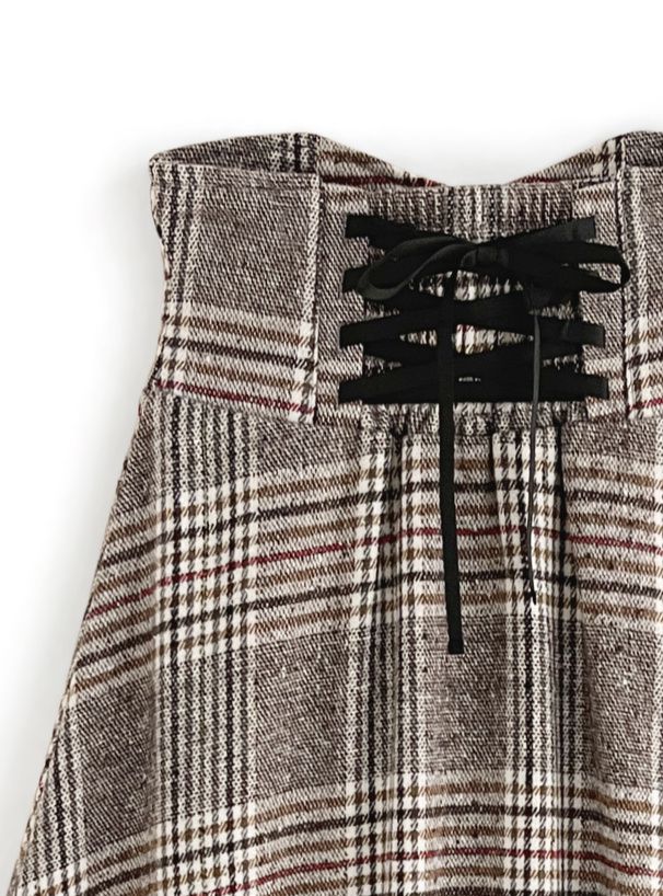 日本 GRL - 後綁帶格紋修身高腰長裙-灰棕
