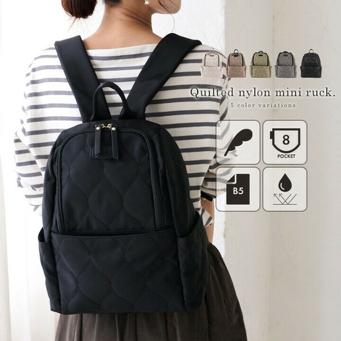 日本 LIZDAYS - 8口袋輕量絎縫防潑水時尚後背包-黑