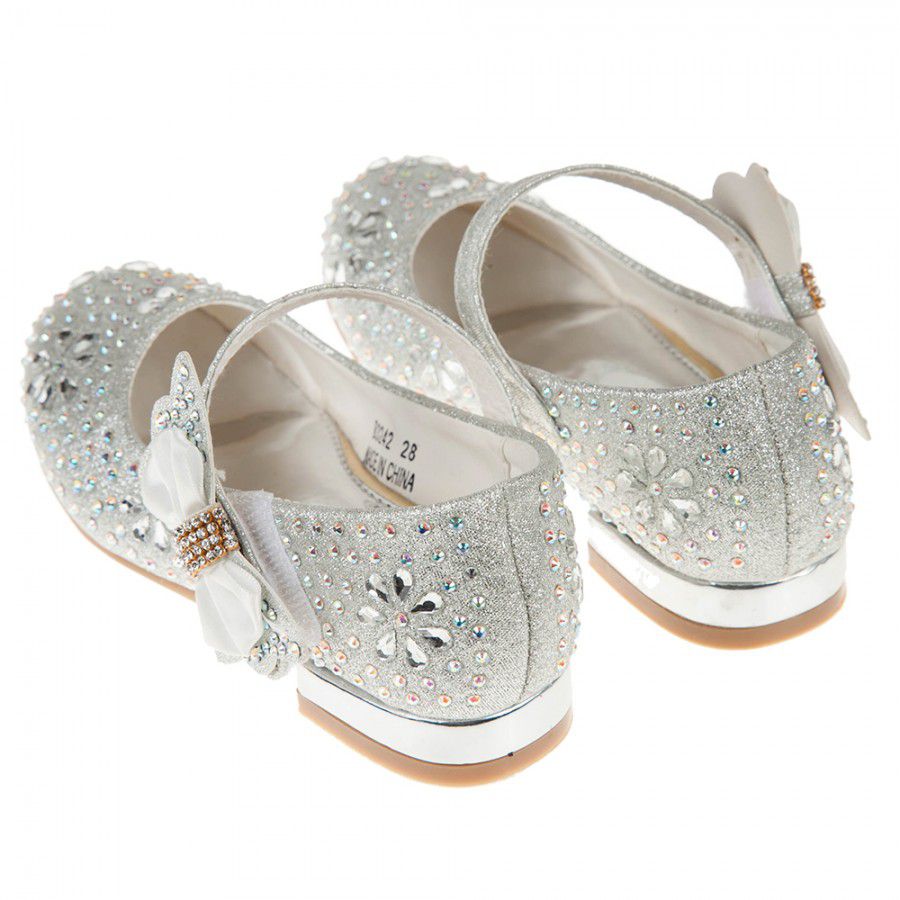 華麗風格璀燦亮鑽銀色低跟公主鞋