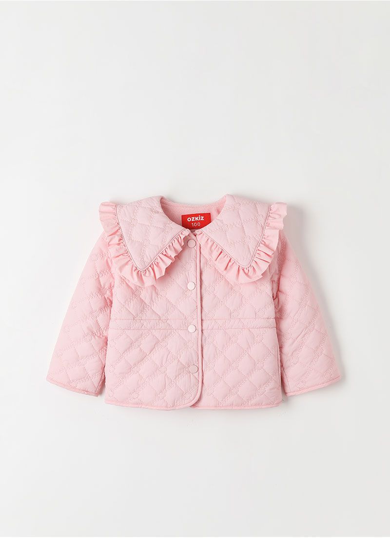 韓國 OZKIZ - 繡花紋保暖搖粒絨翻領外套-粉