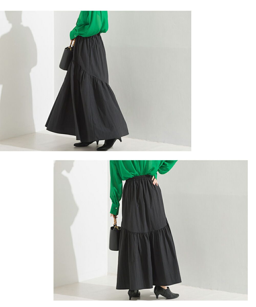 日本 OMNES - 不規則抓皺顯瘦修身長裙-卡其