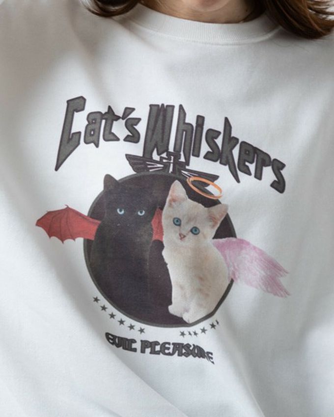 日本 gleam - 裏毛寬版天使惡魔貓咪印花大學T-淺灰