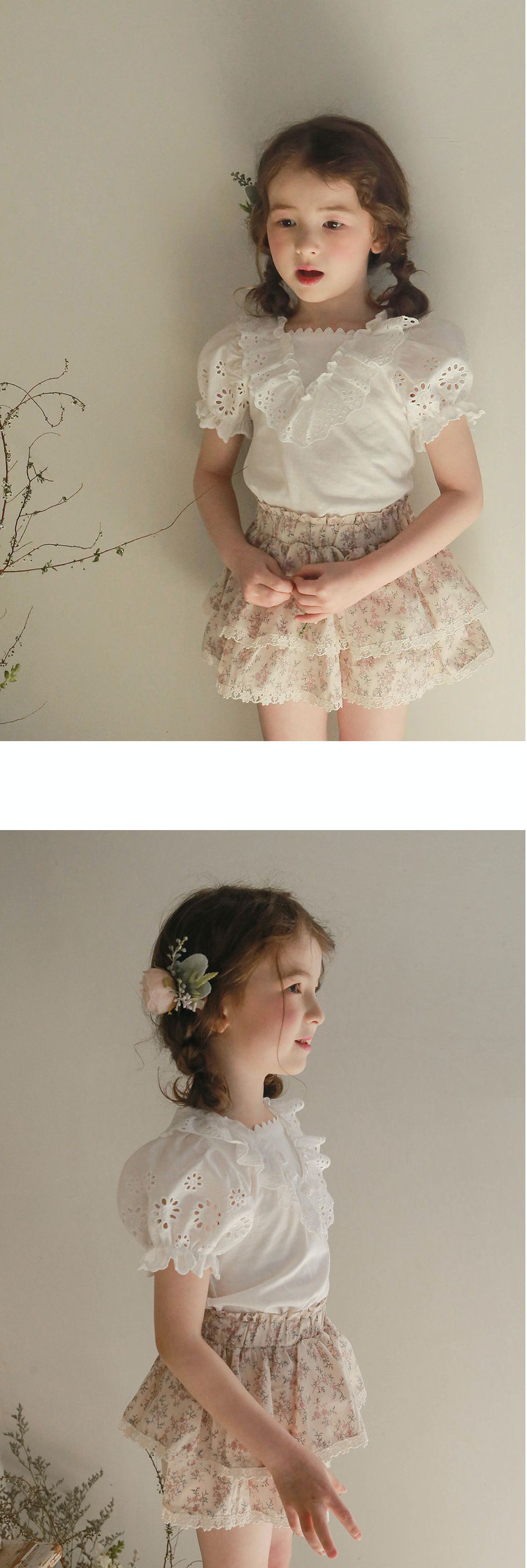 韓國 PuellaFLO - V字荷葉鏤空公主袖上衣-象牙白