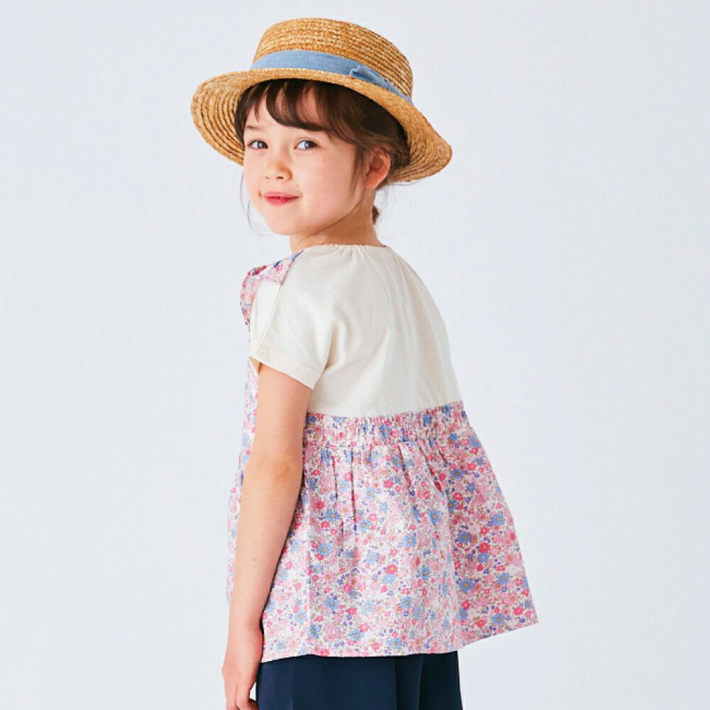 日本 evercloset - 假二件俏麗印花短袖上衣-小花-薄荷綠x黃