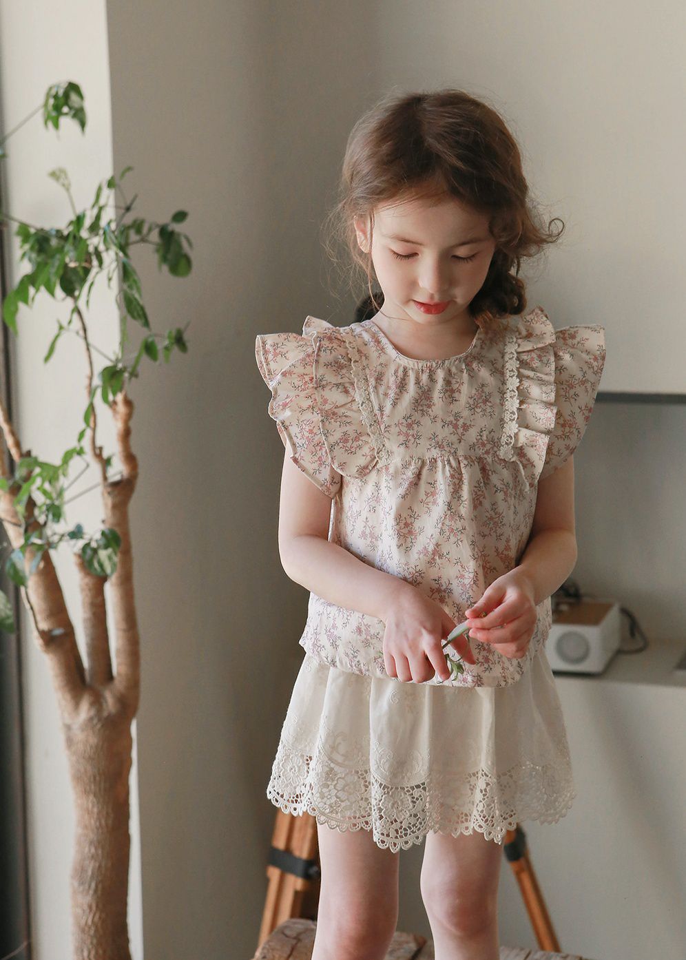 韓國 PuellaFLO - 雙層荷葉袖碎花上衣-粉紅花