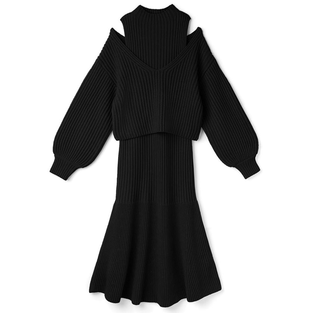 日本 GRL - 挖肩設計針織毛衣X針織魚尾長裙兩件組套裝-黑