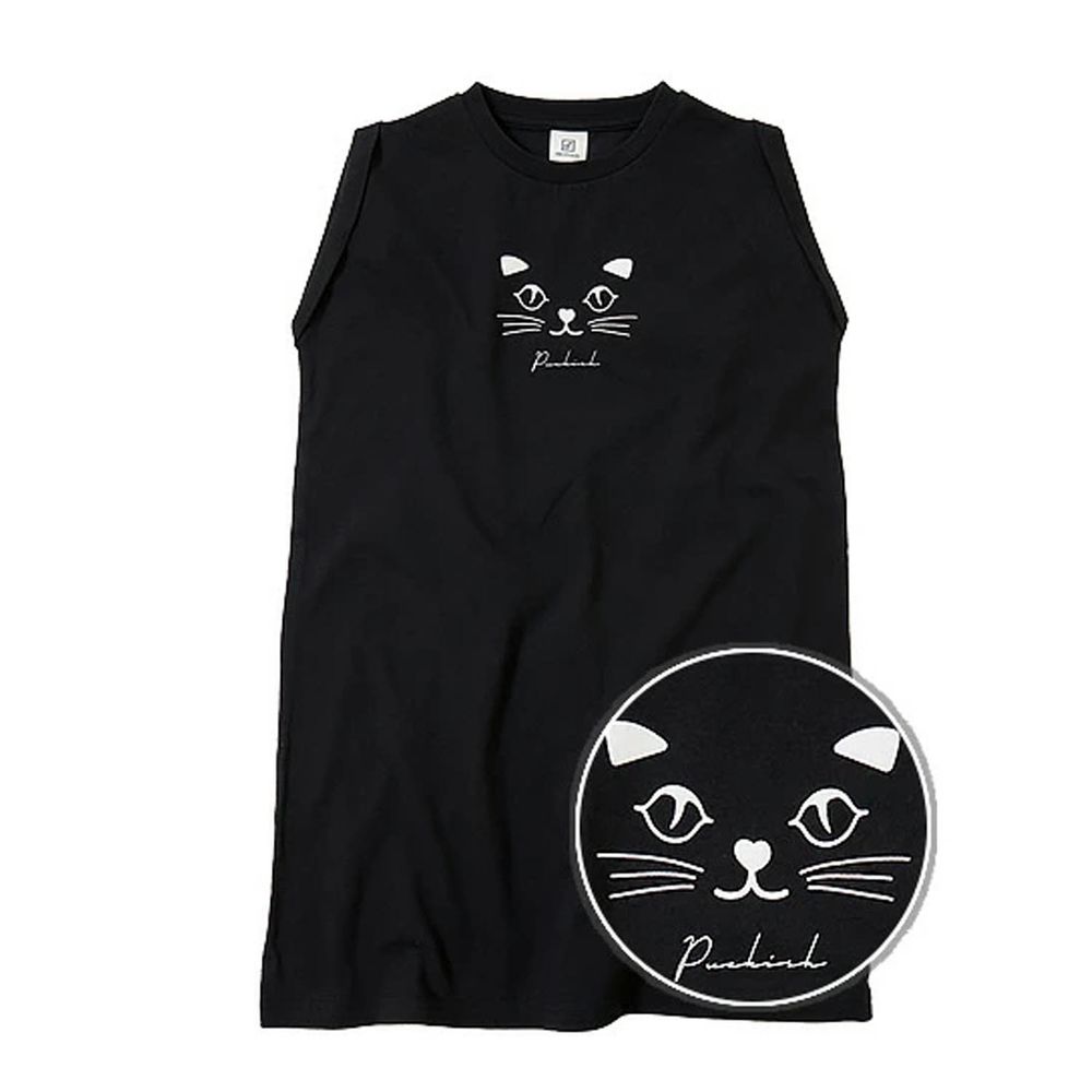 日本 devirock - 純棉涼爽印花無袖洋裝-貓咪-黑