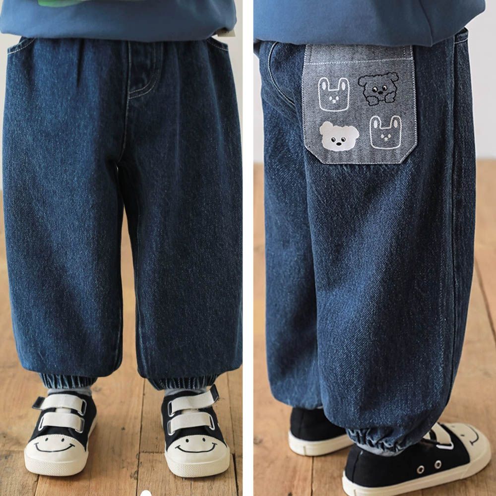 撞色貼布印花牛仔長褲-小狗印花-藍色