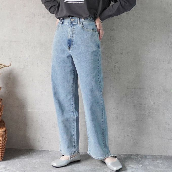 日本女裝代購 - 彈力修身高腰直筒丹寧褲(再生環保材質)-淺水藍