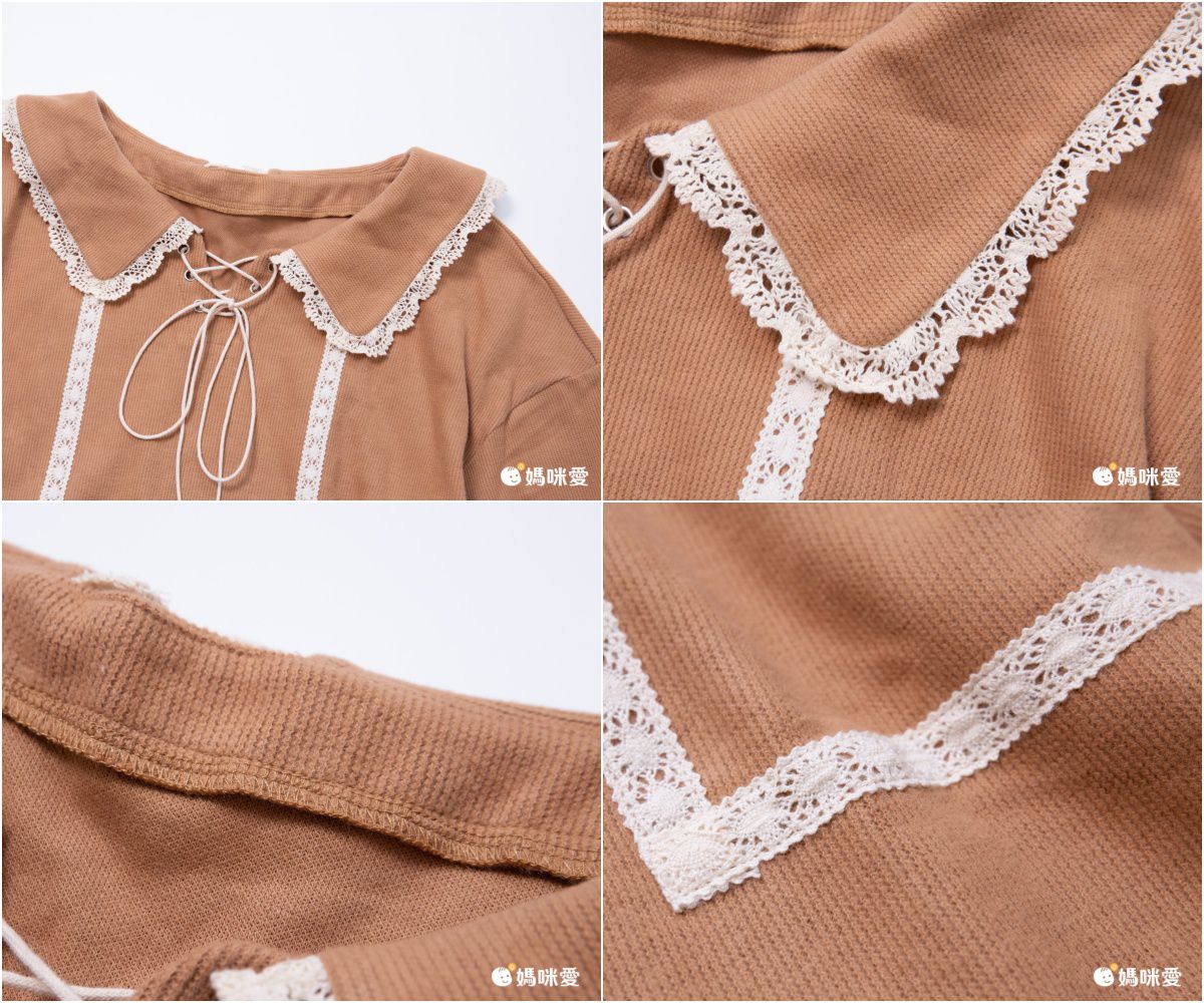 蕾絲拼接綁帶長袖上衣-卡其色