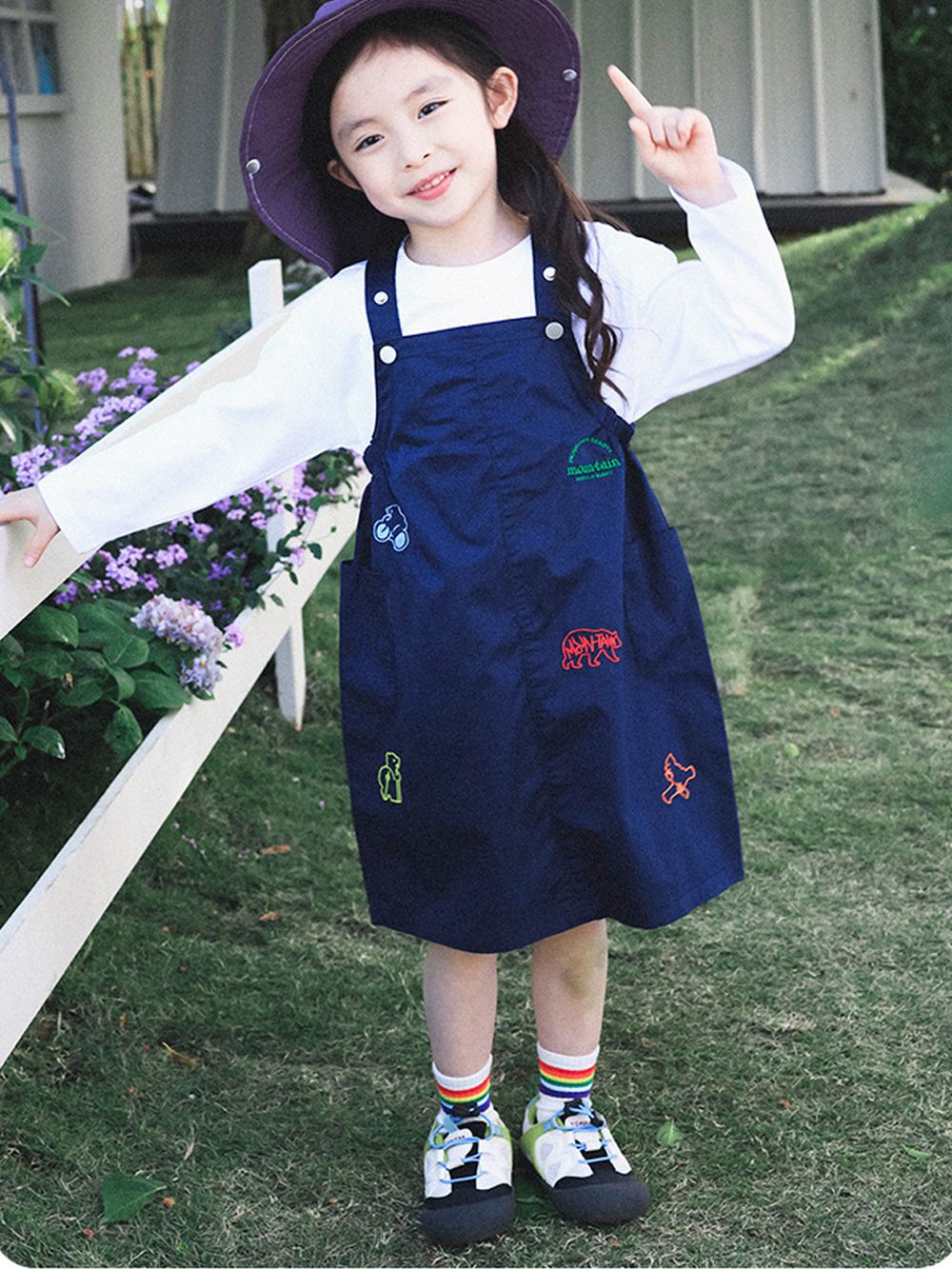 可調節純棉吊帶裙-動物刺繡-藏青