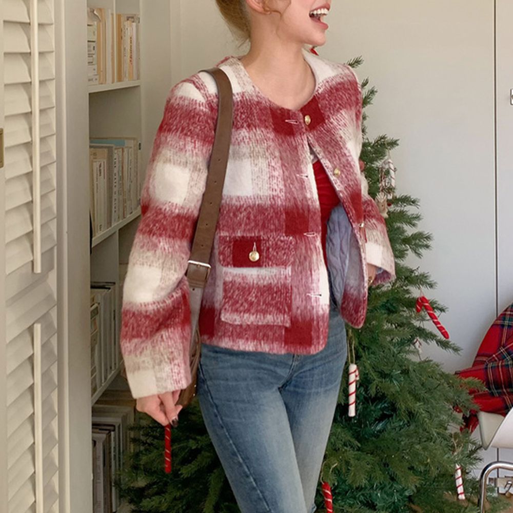 復古感格紋甜美毛海無領外套-紅 (F)