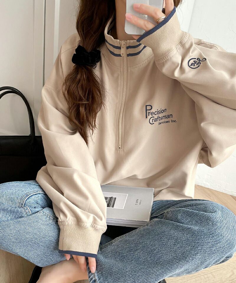 日本 Classical Elf - Java聯名 拉鍊翻領落肩長袖上衣-卡其