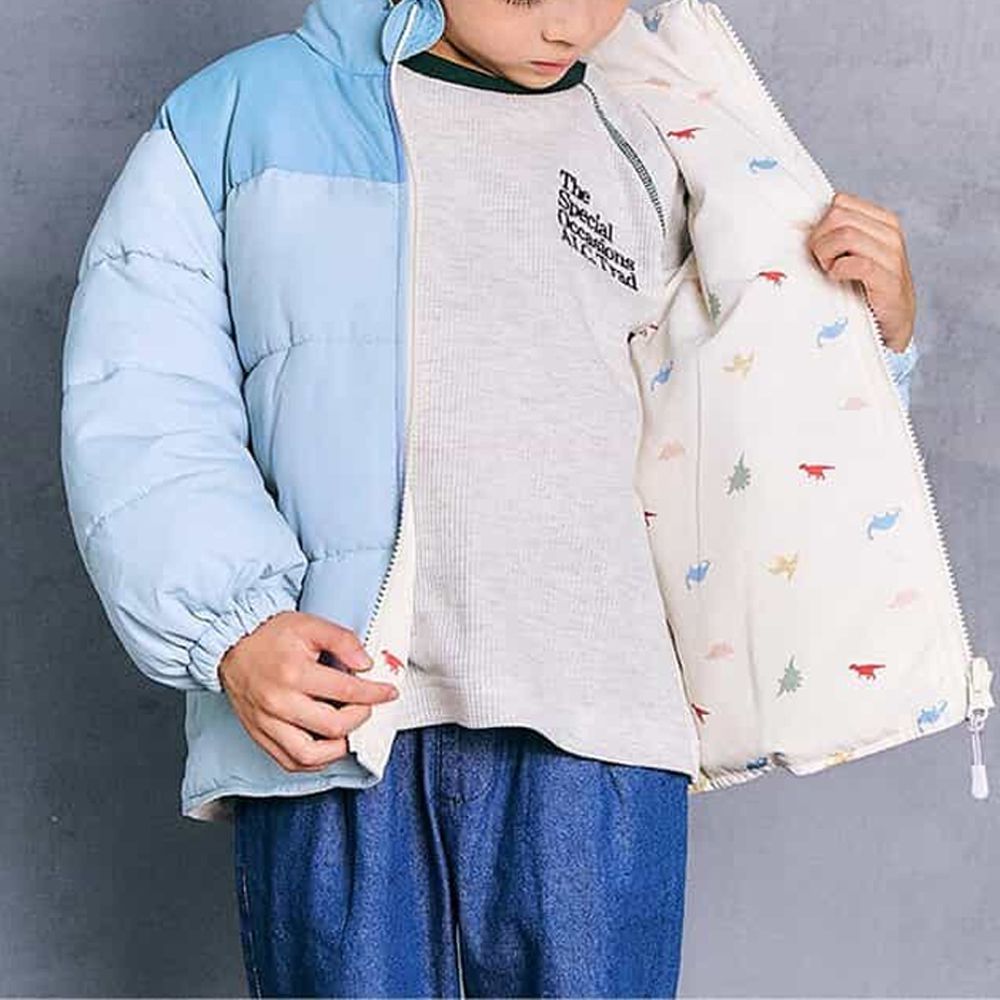 可機洗 雙面穿輕薄保暖科技羽絨外套-恐龍-藍X白