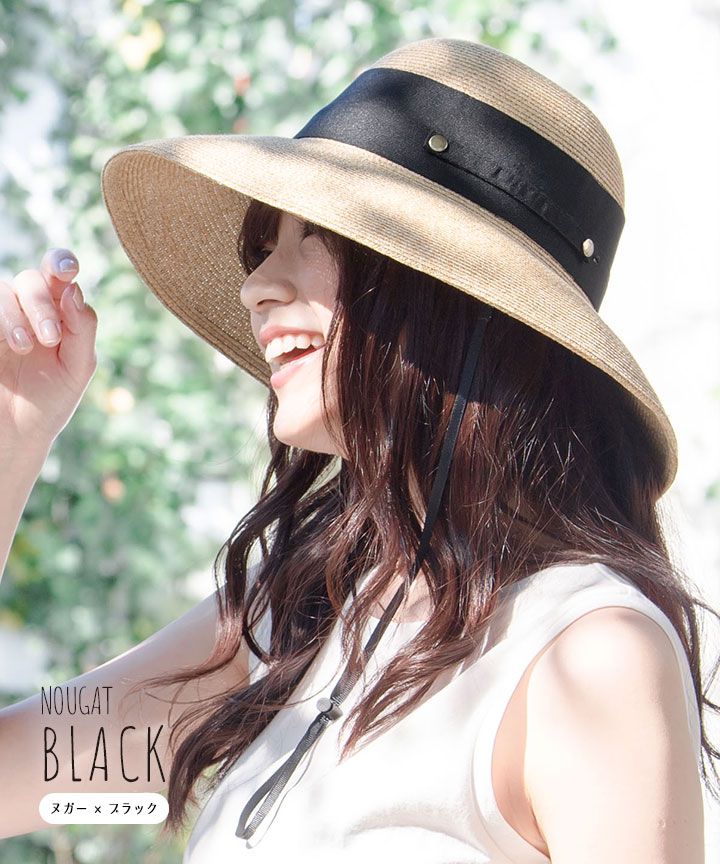 日本 irodori - 抗UV可捲收 大緞帶遮陽草帽(附防風帽帶)-杏x黑緞帶