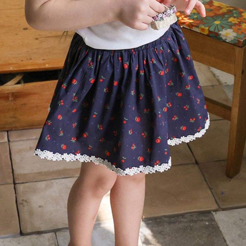 Puellaflo 鬆緊腰甜美小花內搭褲短裙-紅花-海軍藍