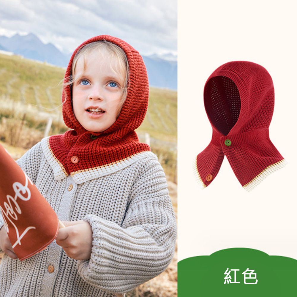 kocotree - 保暖針織帽兩用圍巾-兒童款-均碼 (紅色)