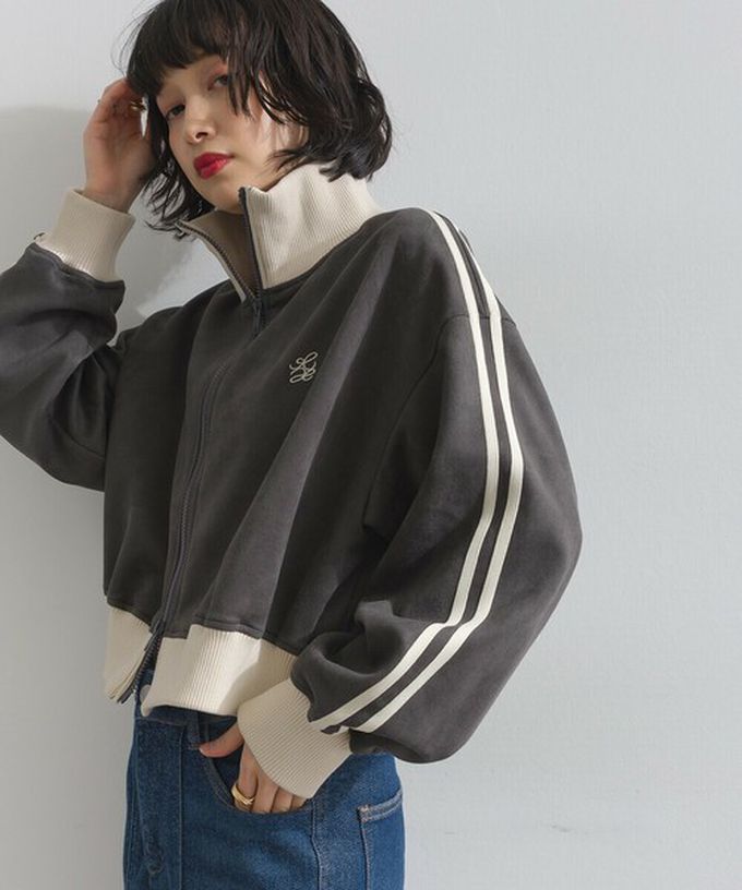 日本 ELENCARE DUE - 麂皮短絨休閒配色運動風夾克-象牙米