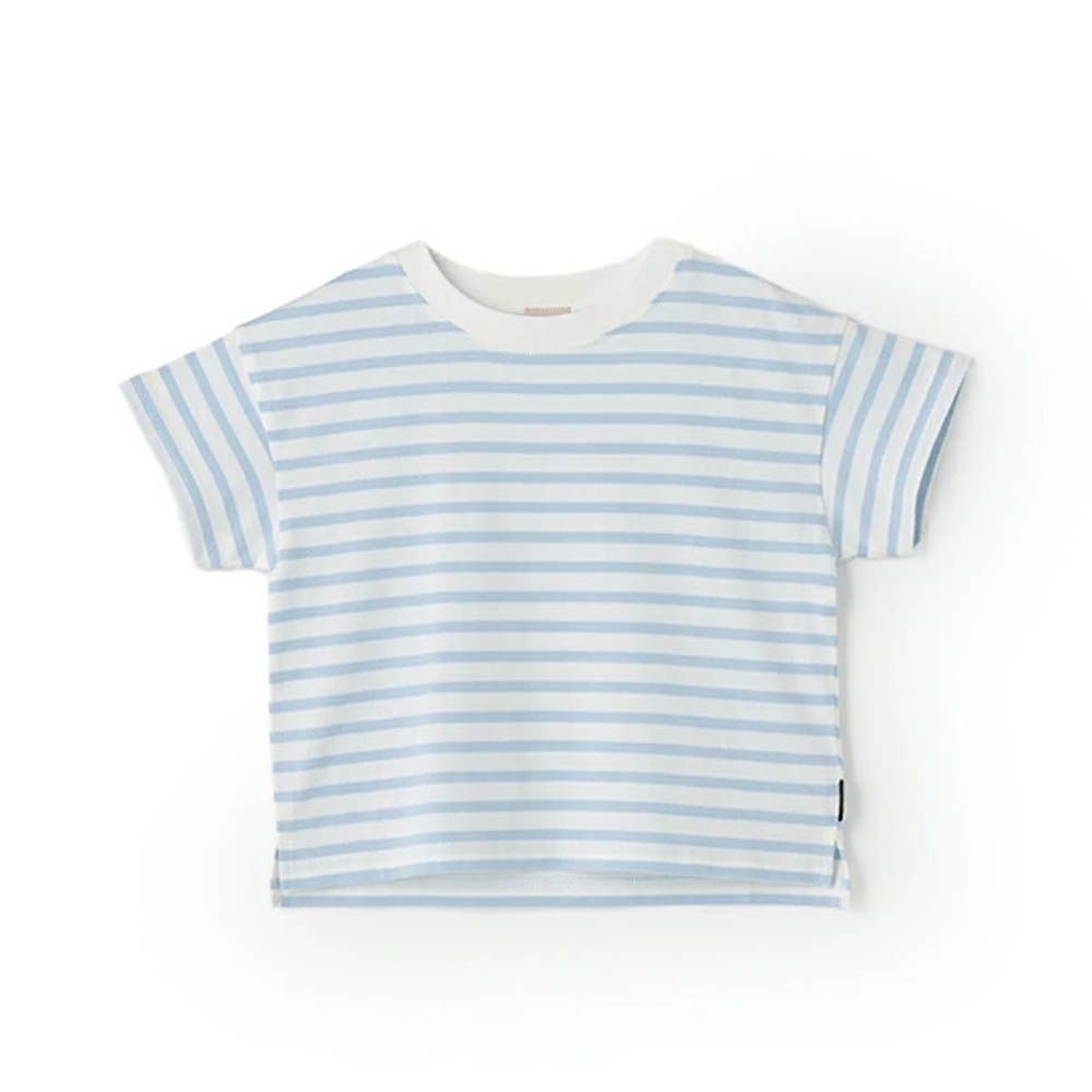 [低價]接觸冷感 條紋短袖上衣-藍x白