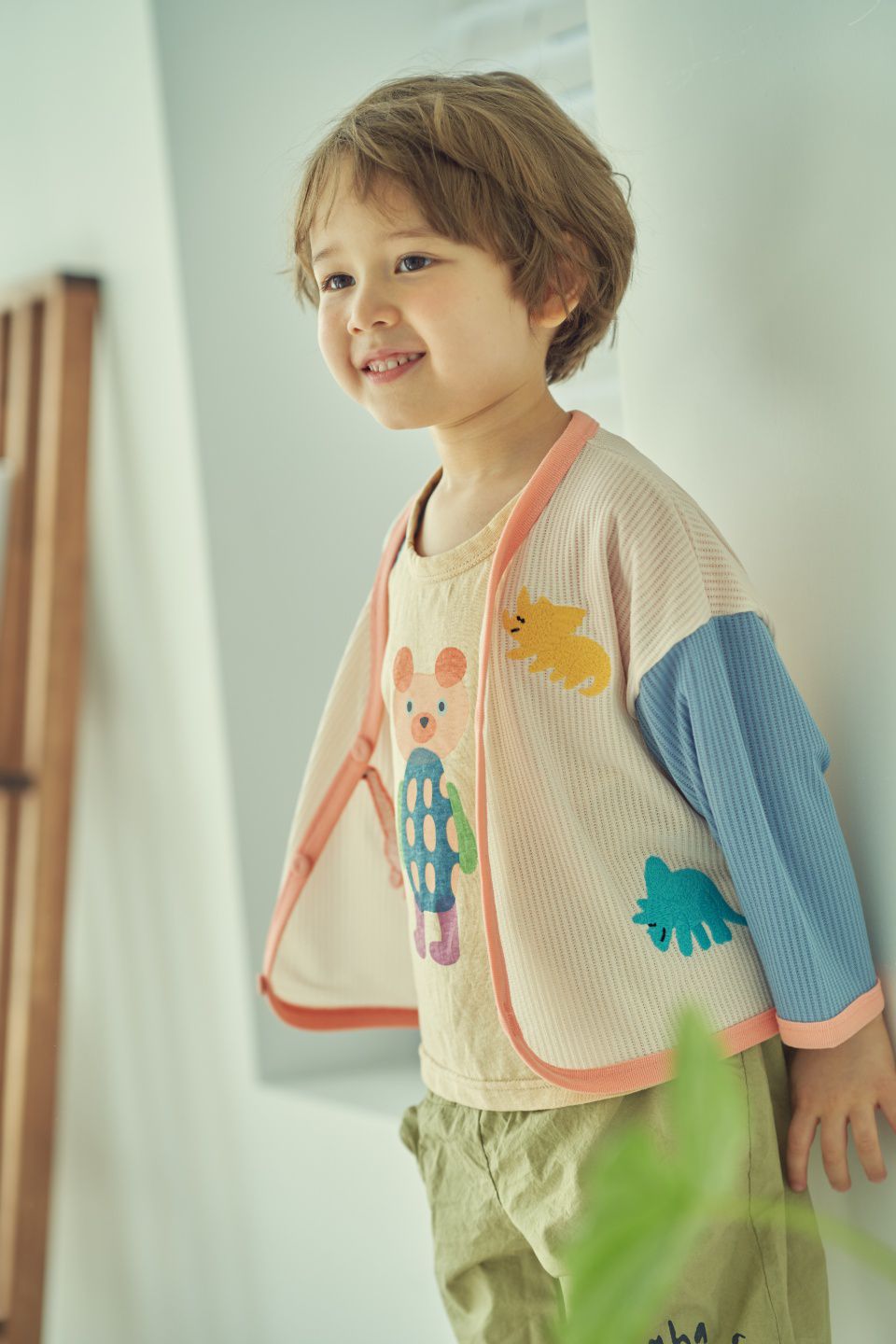 韓國 Mimico - 三色恐龍拼接色小外套-藕粉X藍