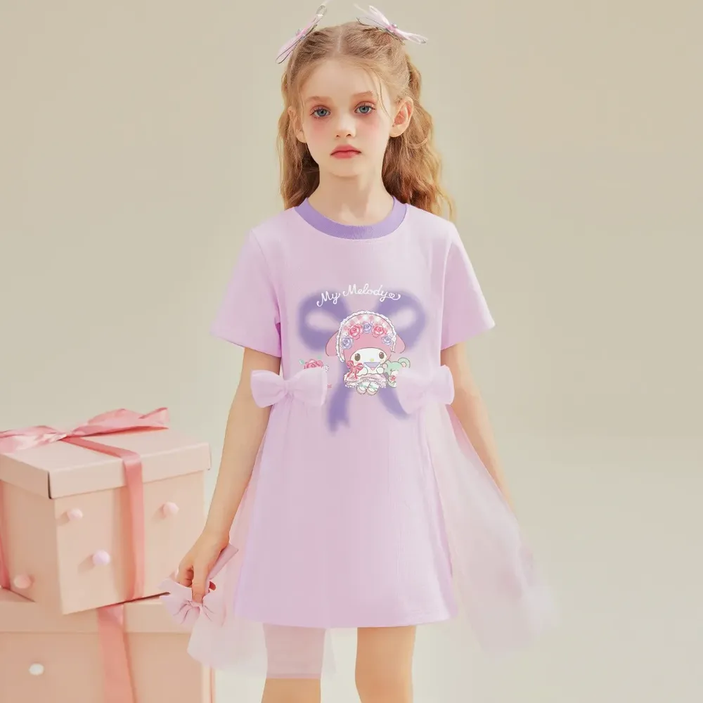 蝴蝶結網紗拼接短袖洋裝-卡通人物美樂蒂-紫色