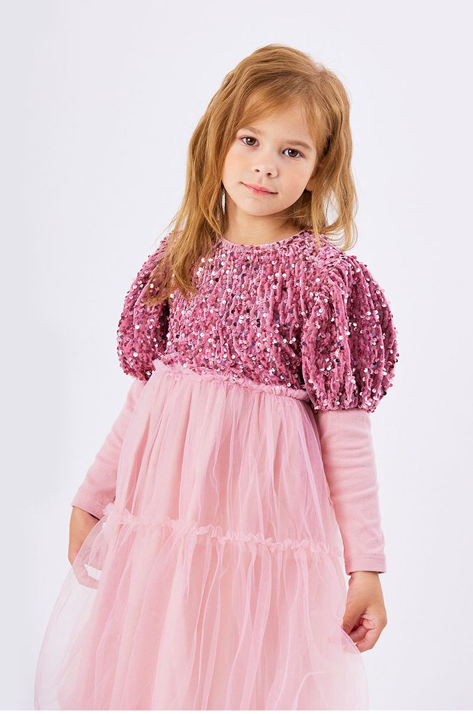 韓國 OZKIZ - 天鵝絨亮片點綴公主網紗洋裝-粉