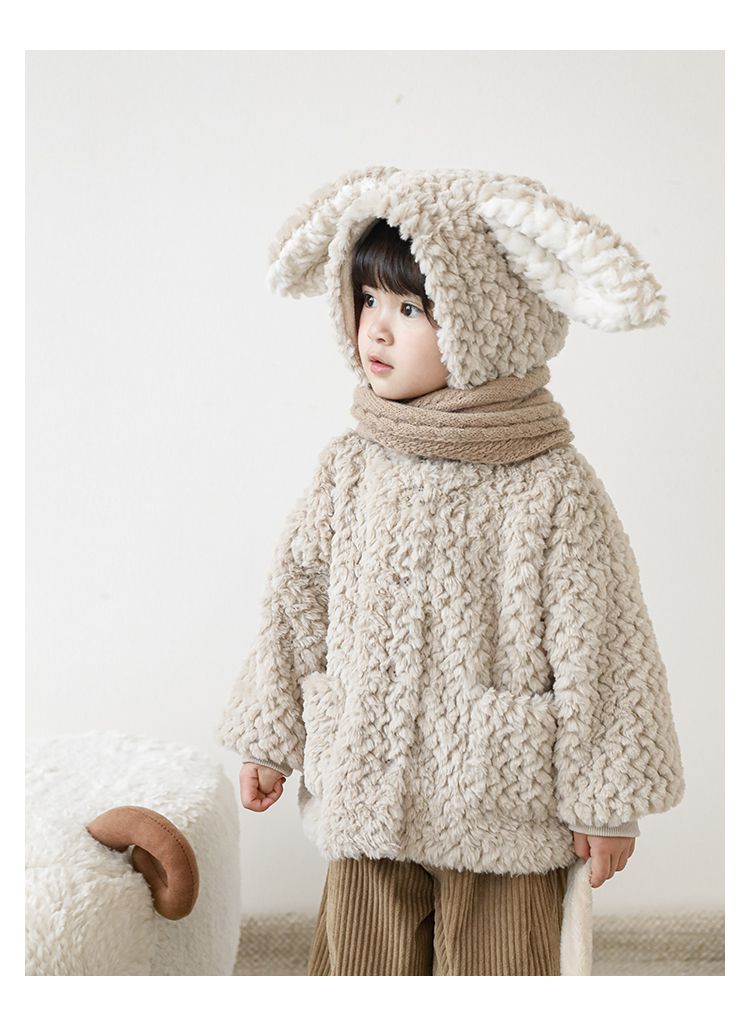 TONGMO - 立體造型毛絨保暖連帽外套-兔耳朵-粉色