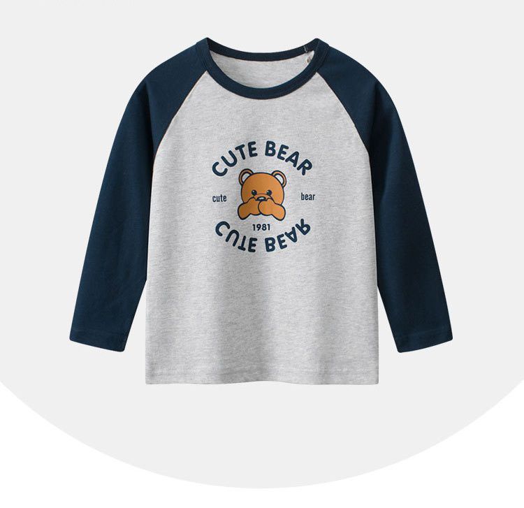 純棉圓領薄長袖上衣-熊熊臉-深藍+灰