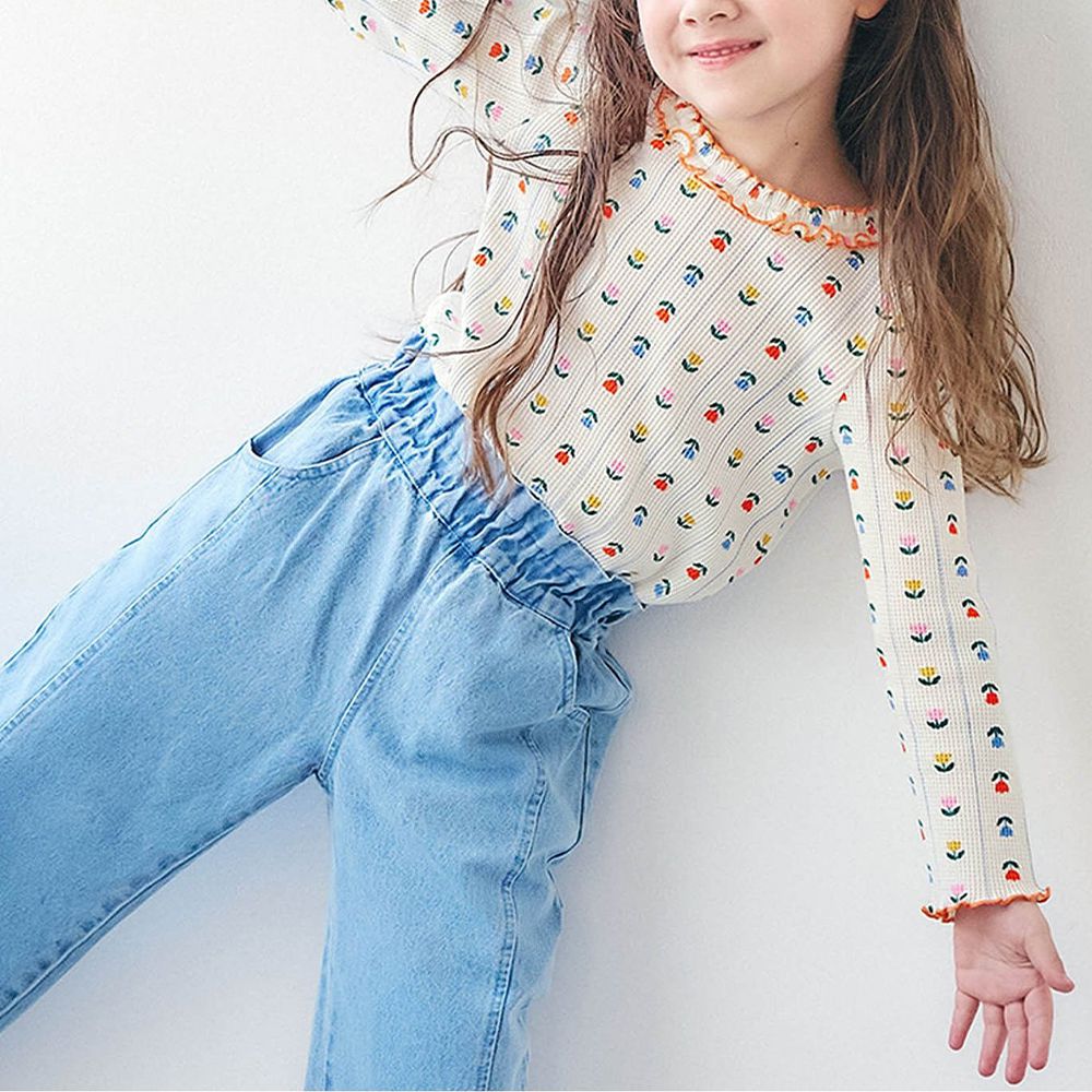 荷葉木耳領華夫格薄長袖上衣-花朵-象牙白