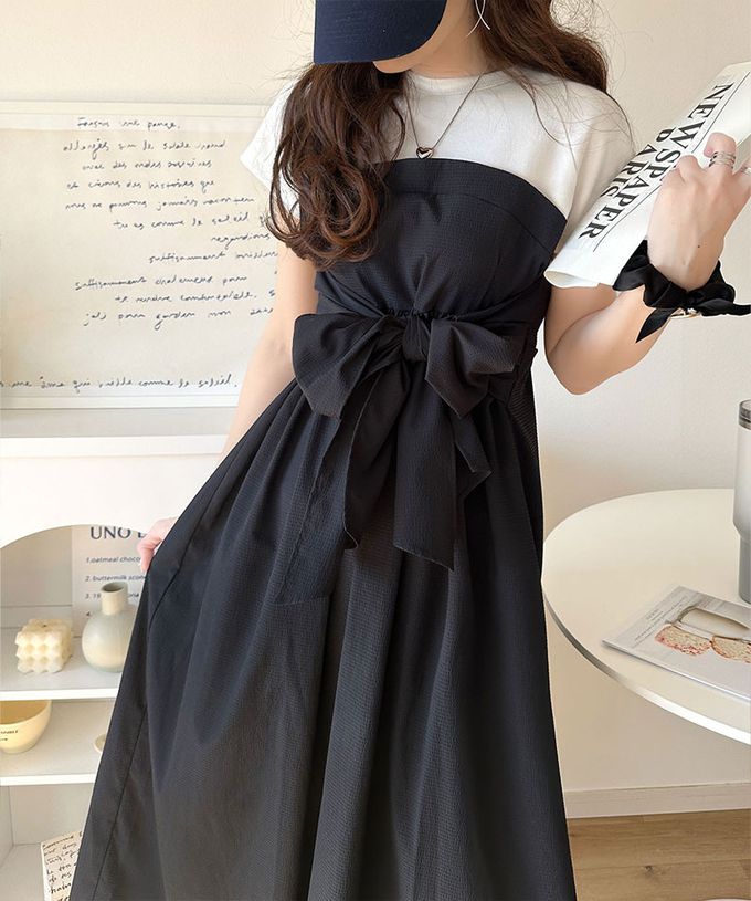 日本 Classical Elf - 綁帶2way清爽拼接感短袖洋裝-條紋x黑