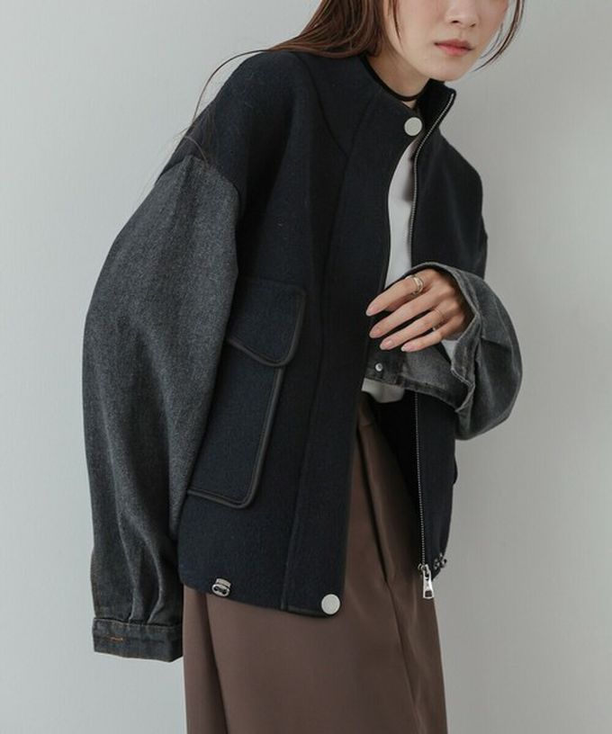 日本 Bab - 俐落簡潔丹寧袖拼接夾克/外套-黑系