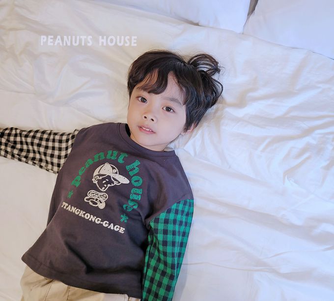 韓國 Peanuts House - 男孩印雙色格子拼接長袖上衣-藍黑X米杏X紅