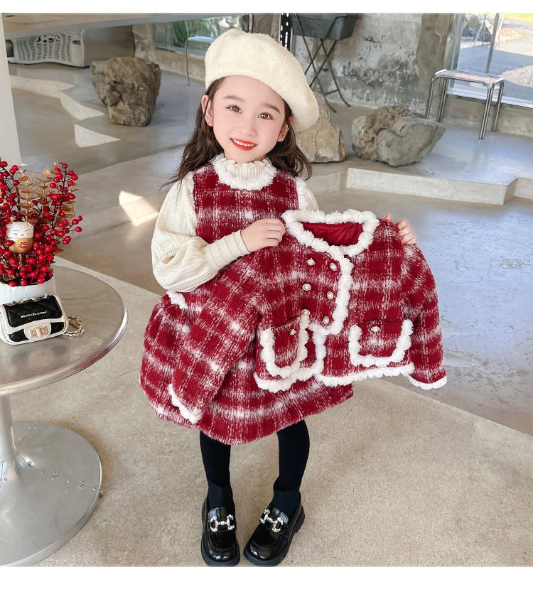 小香風綿綿雲朵連身裙套裝-背心裙+長袖外套-紅色