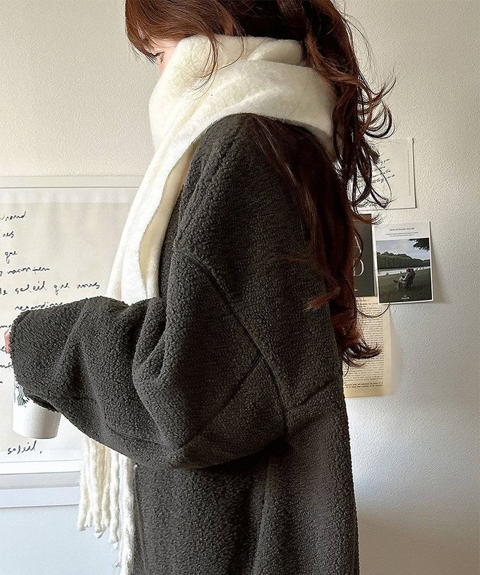 日本 Classical Elf - 溫暖毛呢休閒感無領長版外套-摩卡