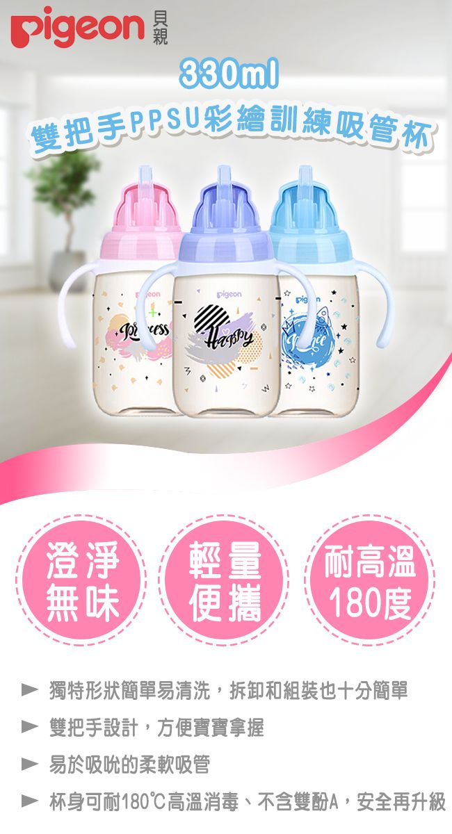 貝親 Pigeon - 雙把手PPSU彩繪訓練吸管杯-3色【 330ml】-330ml-星際藍/王子款 (13x6x22)