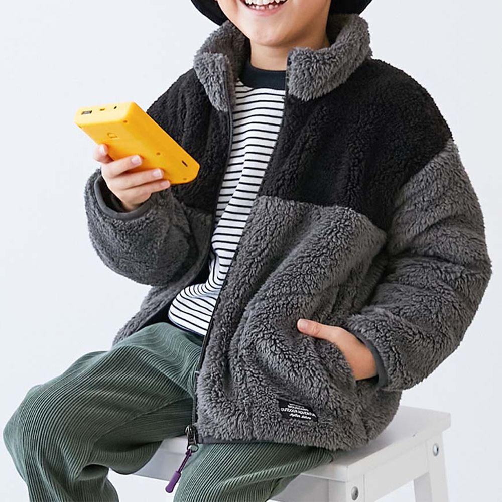 配色泰迪熊保暖毛絨外套-黑灰