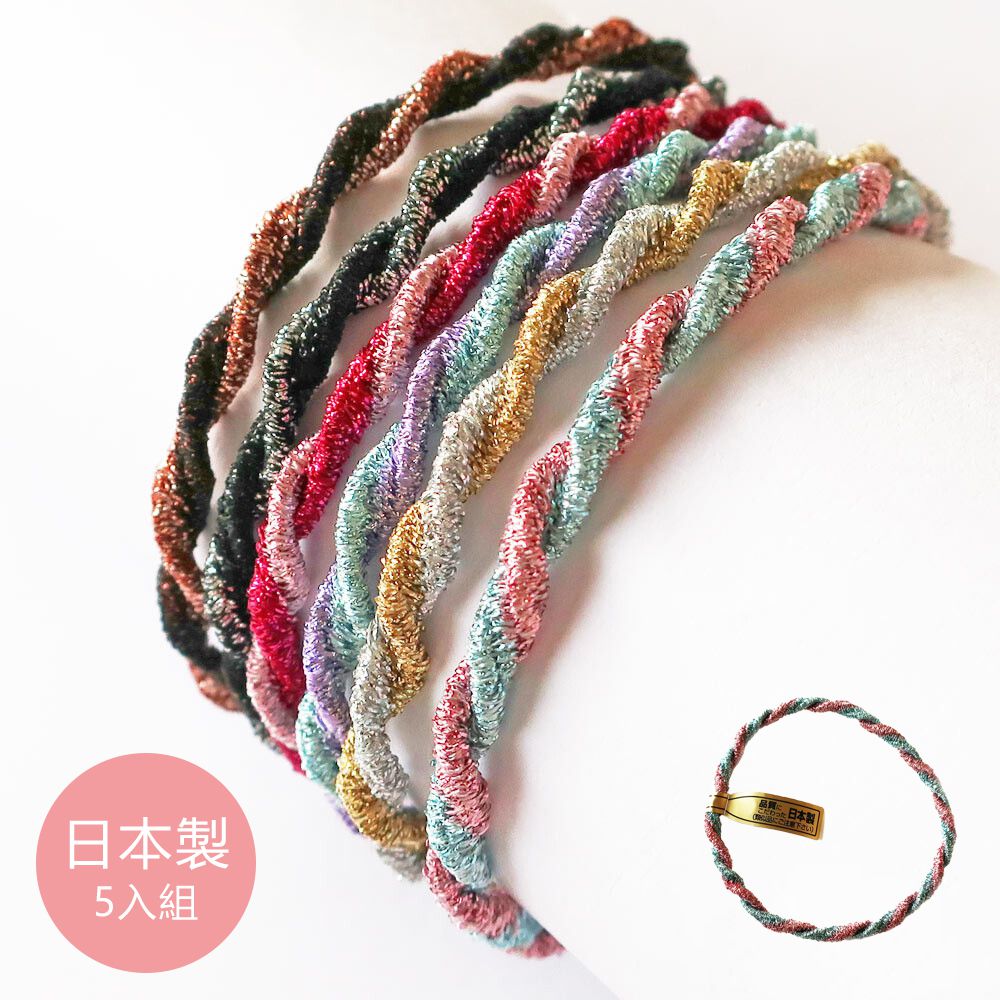 日本製 專利耐用金蔥扭轉髮圈(5入組)-撞色-粉紅&藍