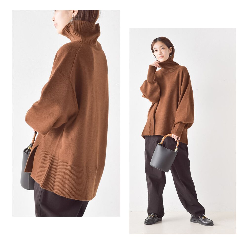 日本 OMNES - 羊毛混高領寬鬆氣球袖毛衣-時尚黑