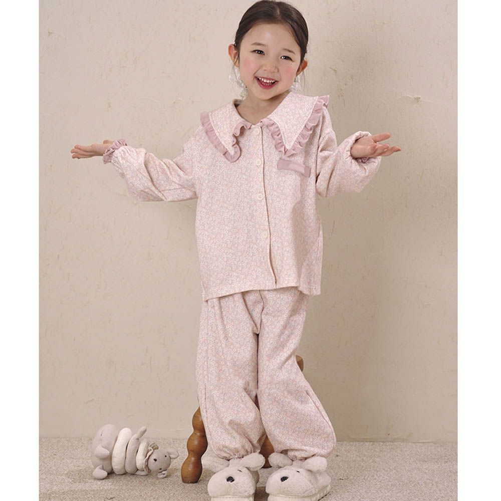 純棉森林系娃娃領長袖家居服套裝-粉色碎花