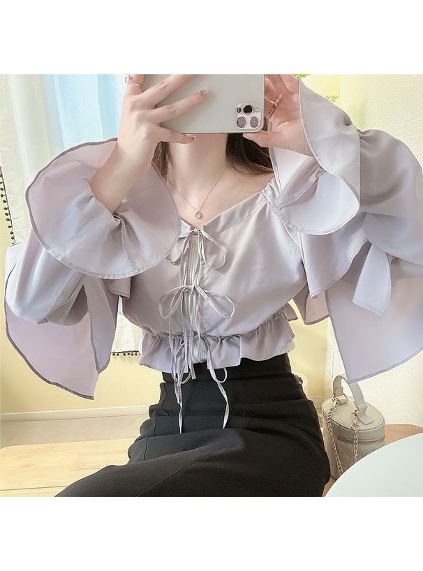 日本 GRL - 甜美前綁帶層次長袖罩衫-粉紫 (F)