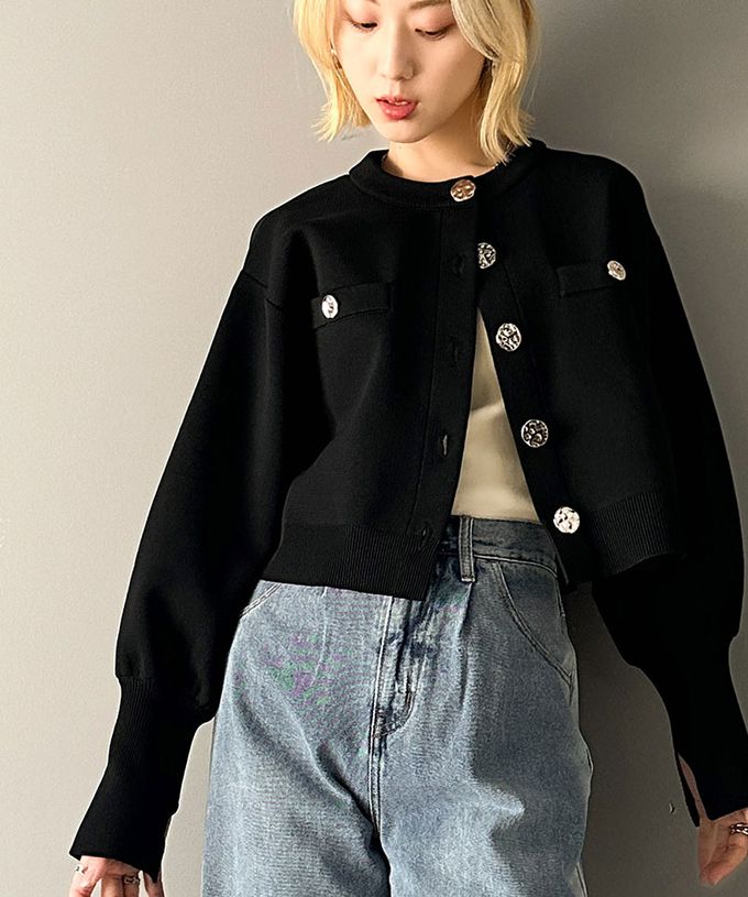 日本 Classical Elf - 風格金屬扣時尚短版開襟外套-黑
