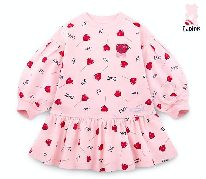 韓國 Jelispoon - 愛心棒棒糖泡泡袖魚尾洋裝-粉紅