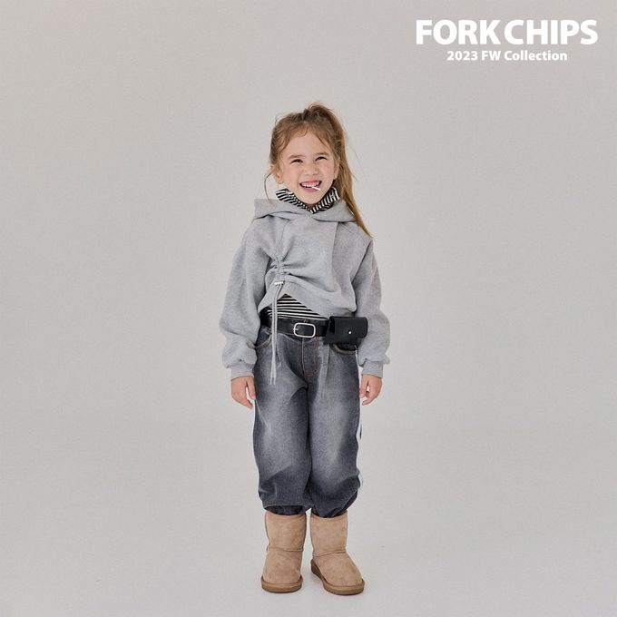 韓國 FORK CHIPS - (內磨毛)鬆緊腰雙線條點綴牛仔長褲-黑灰