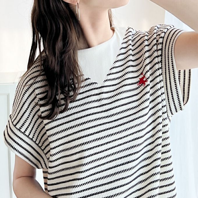 日本 Classical Elf - 有機棉logo刺繡法式袖上衣-黑白條紋