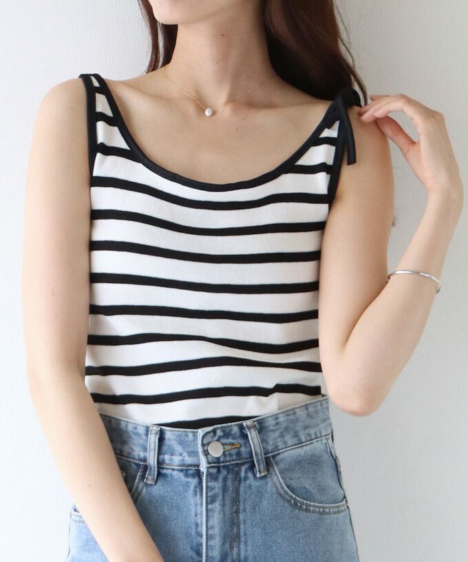 日本 BLUE EAST - 單邊綁帶條紋無袖上衣-綠